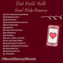 Dark maroon background with gold and light pink background icons of squiggle lines, and circles Pink and white text:  Black Mental Health Social Media Resources   #BlackHistoryMonth    Squiggle white line  Pink iphone icon with a pink heart 